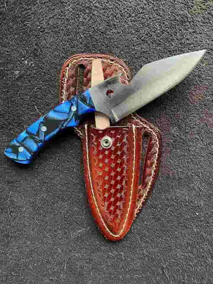 Faca Boiadeiro Muladeiro Mula Abridor Bainha Couro Legítimo Skinner 5Pol Uso Diário Versátil corte Preciso Aço Inox (MULA AZUL)