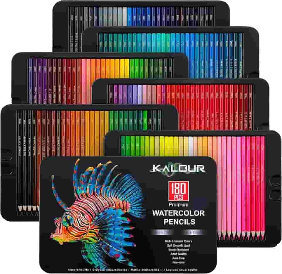 KALOUR Lápis de aquarela profissional, conjunto de 180 cores, solúvel em água, com 2 pincéis