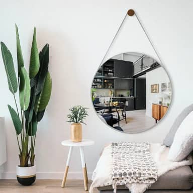 Espelho Decorativo Redondo 60cm Adnet Suspenso com Alça Couro Gelo e Pino de Fixação