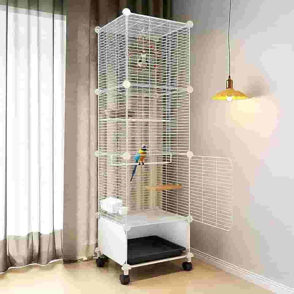 Gaiola para Calopsita, 130 * 37 * 37cm, Viveiro para Papagaio Grande, Gaiola Calopsita, Viveiro para Calopsita com Vara de Pouso, Rodízios Giratórios e Bandeja, Branco