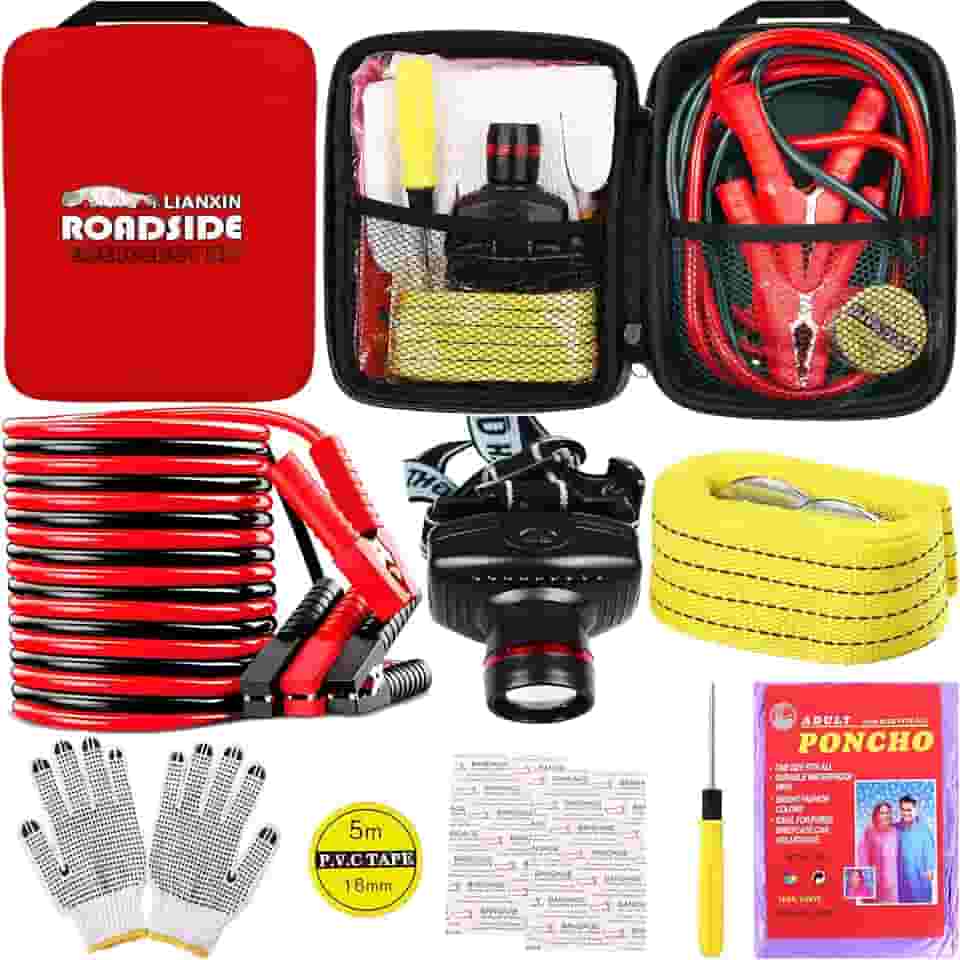 Kit de emergência de assistência rodoviária, bolsa multiuso, premium com cabo de ligação de bateria, kit automotivo para carro, veículo, caminhão ou SUV para homens ou mulheres, preto (vermelho)