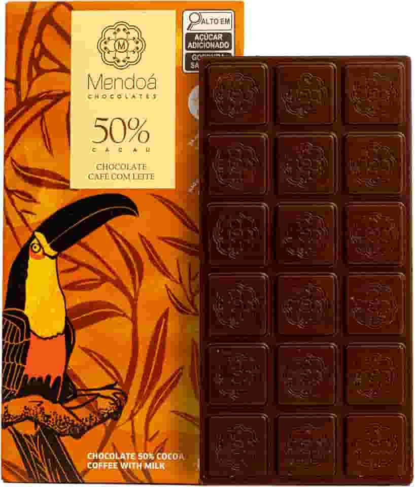 Mendoá, Barra de chocolate premium 50% de cacau ao leite, café com leite, 80 gramas