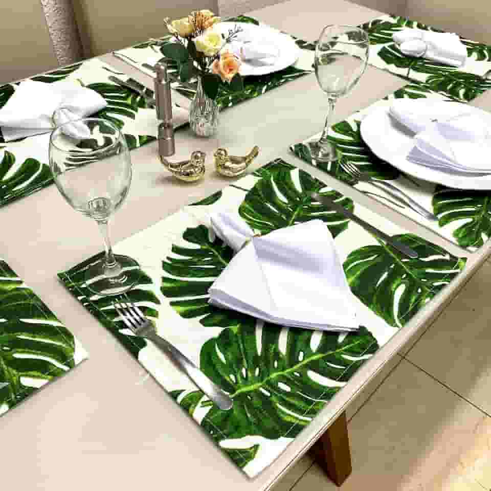 Jogo Americano Tecido 6 Un + 6 Guardanapos + 6 Porta Guardanapos (Costela Adão Verde Guard. Branco)