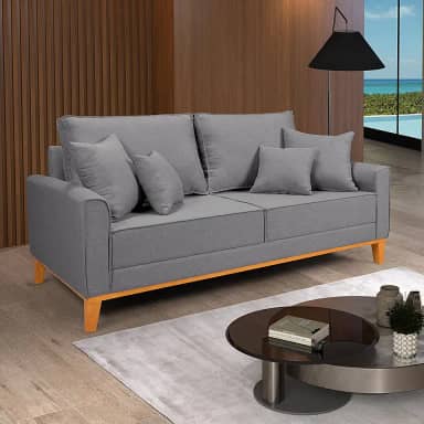 Sofá Living Beny 3 Lugares Linho Cinza Fixo Sala Base Madeira