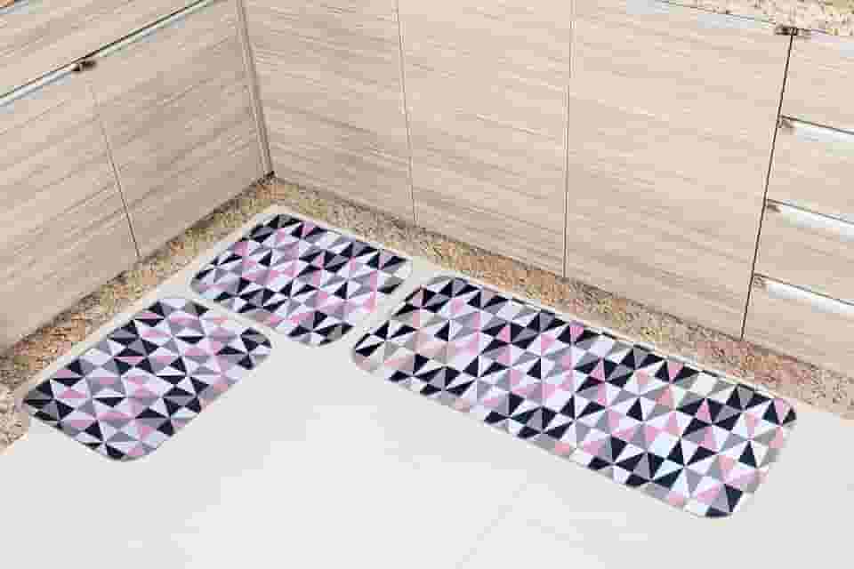 Jogo de Tapetes para Cozinha 3 Peças Geométrico Rosa – Antiderrapante e Confortável | Tapete Cozinha Polipropileno e Látex – Tecil