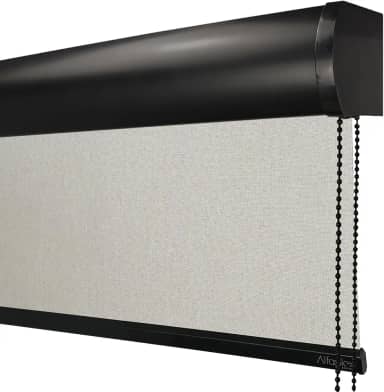 Cortina Persiana de Rolo Blackout (Comando lado DIREITO) (Linho Natural - COM BANDÔ, 2,10 (lar) x 1,40 (alt) - Acabamento Preto)