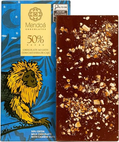 Mendoá, Barra de chocolate premium 50% de cacau ao leite com castanha de caju, Brasilis, 80 gramas