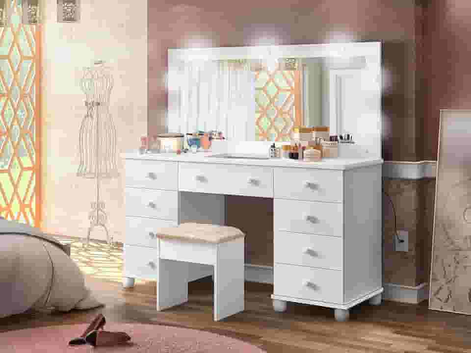 penteadeira lx camarim 9 gavetas branco com led e espelho com banqueta