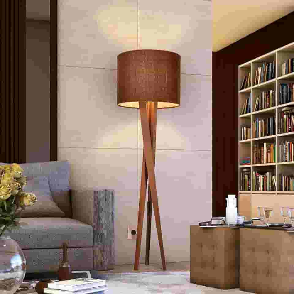Luminaria Chão Abajur Pes De Madeira Tripe Madeira Retrô Luxo Cúpula Tecido Marrom